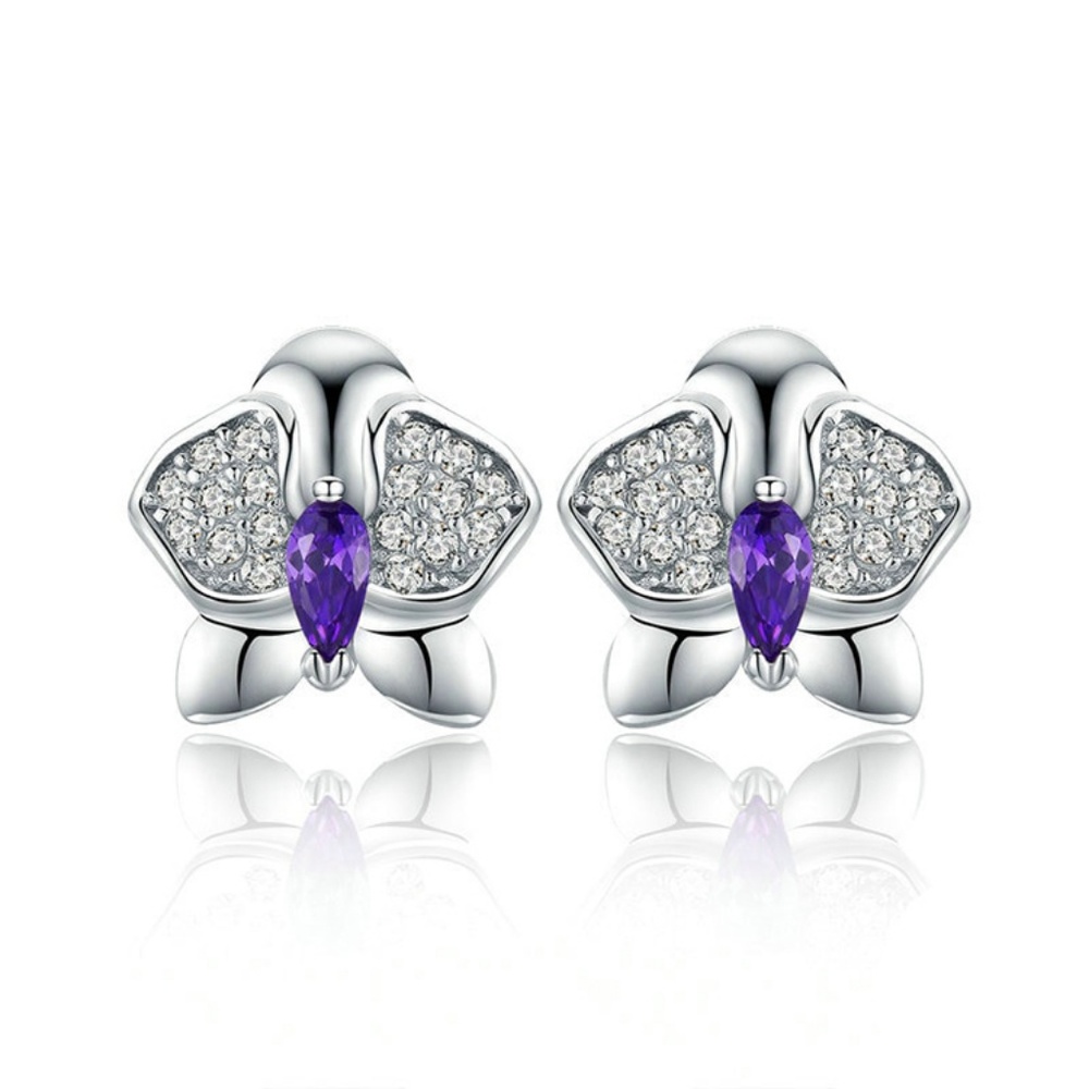 925 Sterling Silver Orchid Flower Purple Stud Earring